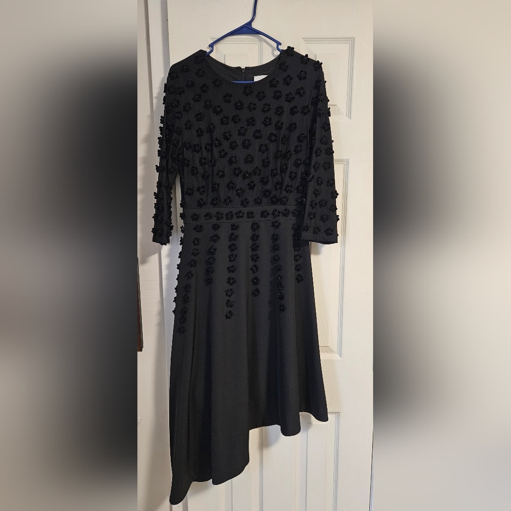 Ellie Makir womans dress. Velvet flower detail. High low hem. Pristine condition